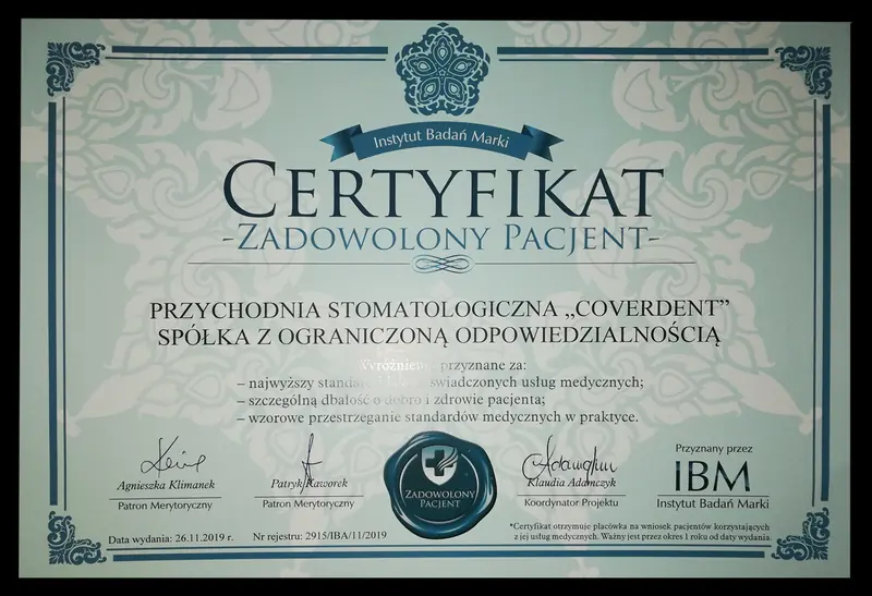 Certyfikat przychodni stomatologicznej Coverdent